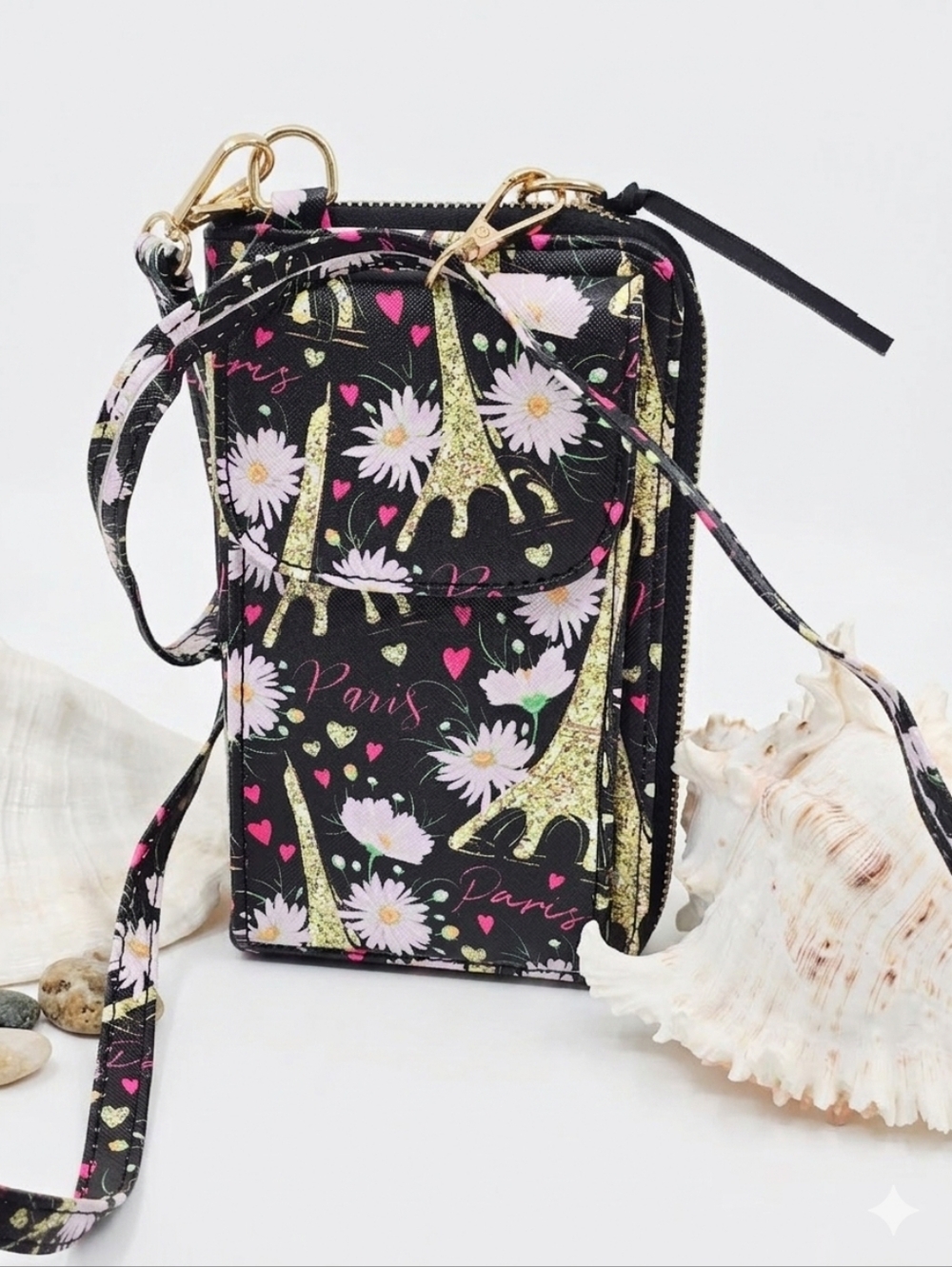 DOP Bags Black Paris Print Crossbody Crossbody Bag with Gold Eiffel Accents